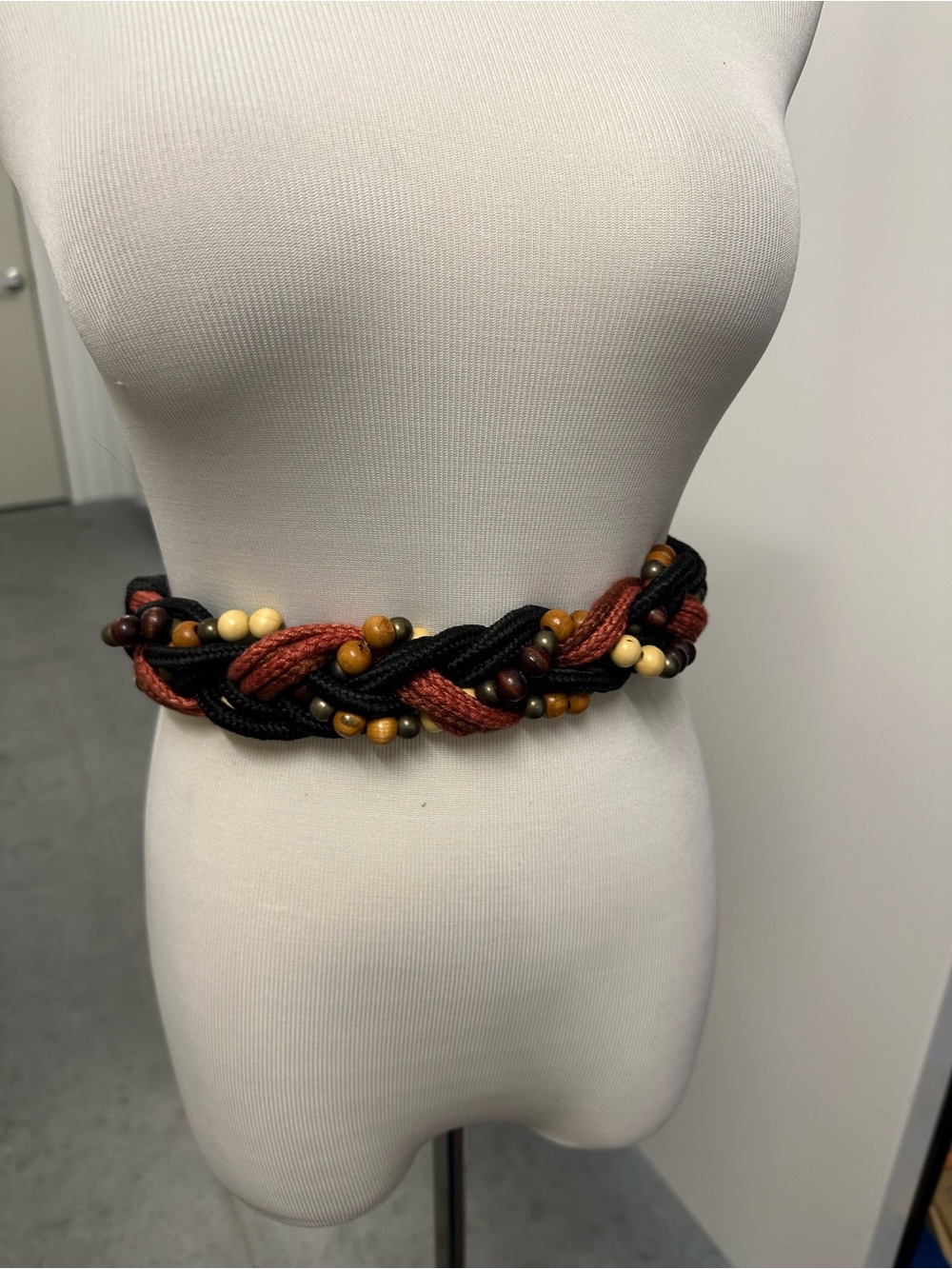 Braided Rope Waist Belt with Wood Beads - Black & Rust Chunky Necklace Bohemian
